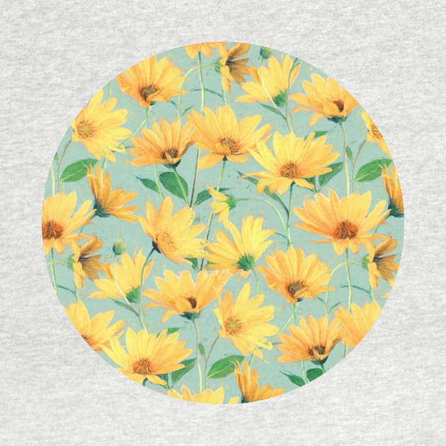 Painted Golden Yellow Daisies on soft sage green by micklyn